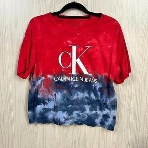 Calvin Klein Jeans Women's Red Blue Tie Dye Logo T-Shirt Size M